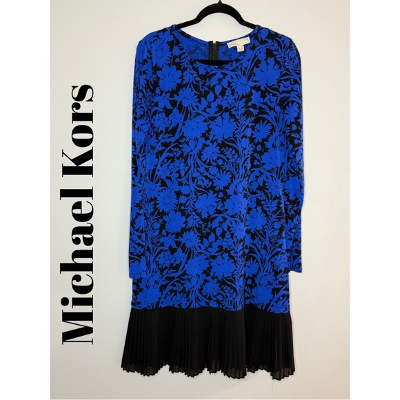 Michael Kors Dresses & Skirts - Michael Kors Blue Black Floral Pleated Hem Long Sleeve Dress Cocktail & Evening